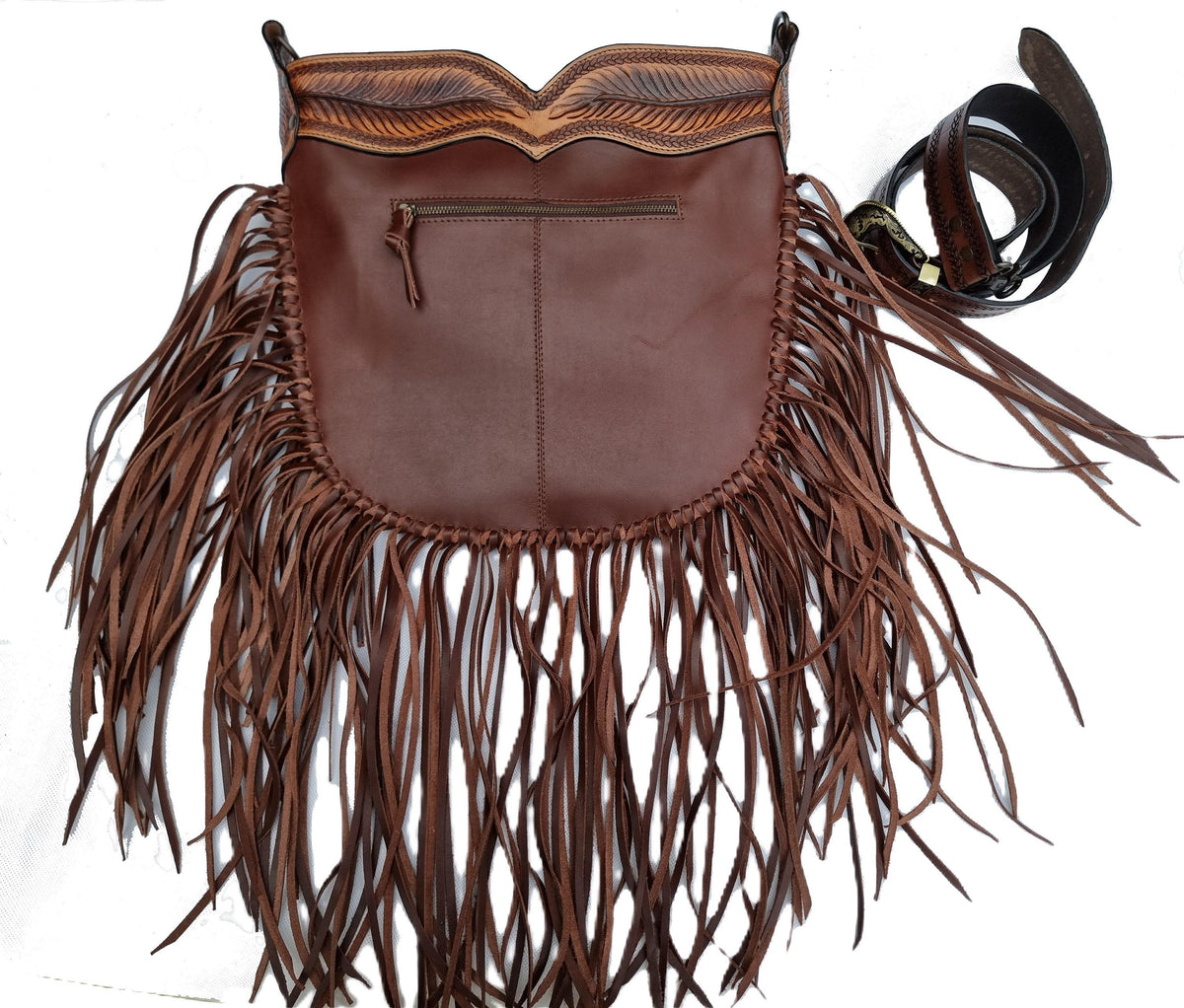 Tooled Leather Fringe Crossbody Bag: Boho Western Purse with Turquoise
