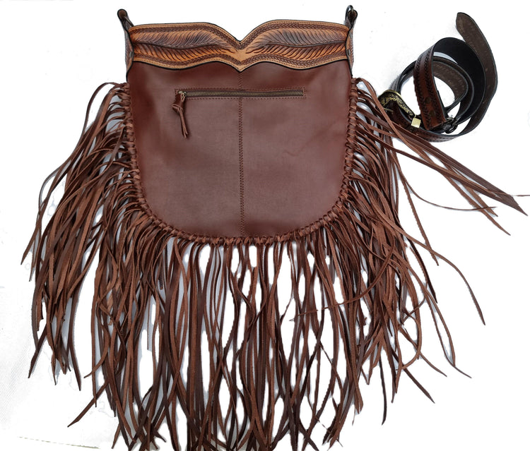 Tooled Leather Fringe Crossbody Bag: Boho Western Purse with Turquoise