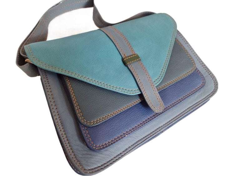 Blue Patchwork Leather Bag, Upcycled Leather Crossbody Purse, Boho Saddle Bag, Colour Block Shoulder Bag, Handmade Leather Handbag
