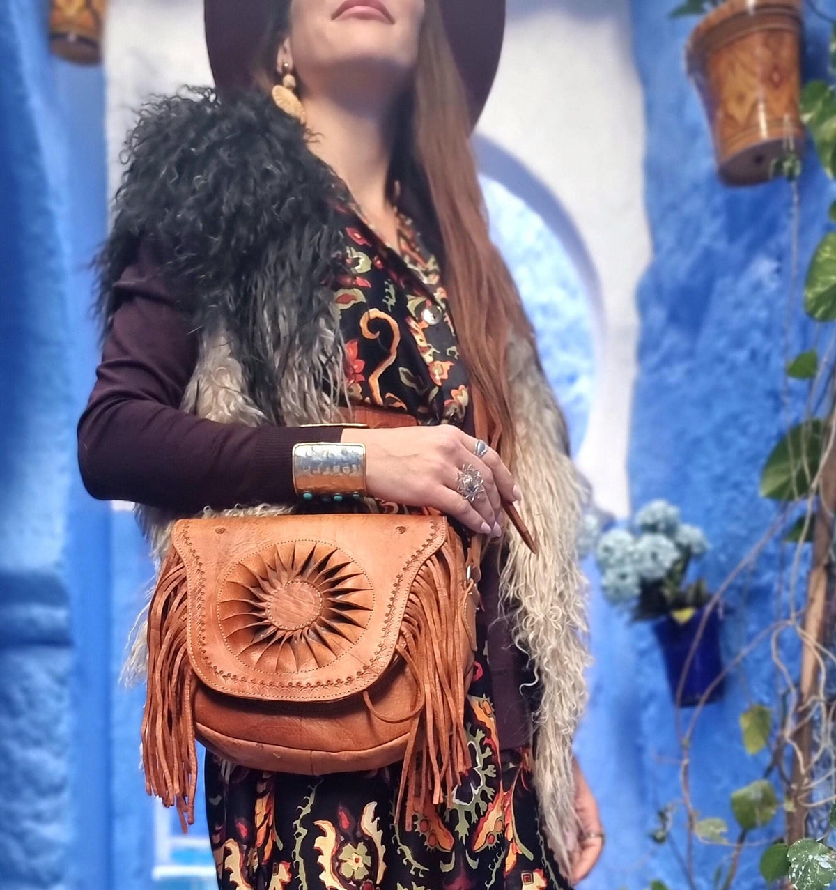 Hand Tooled Leather Crossbody Bag: Vintage Western Sun Purse