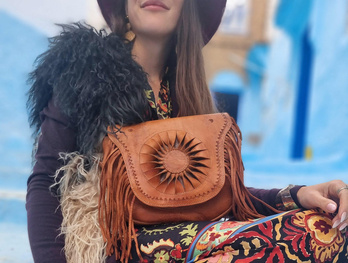 Hand Tooled Leather Crossbody Bag: Vintage Western Sun Purse