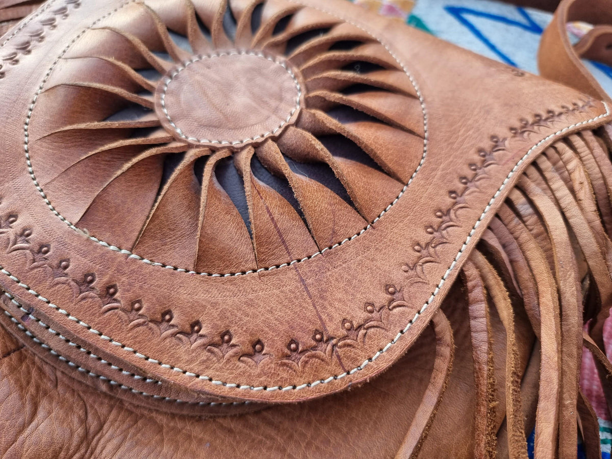 Hand Tooled Leather Crossbody Bag: Vintage Western Sun Purse