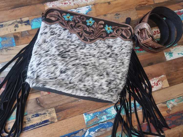 Floral Tooled Leather Cowhide Bag: Western Cowgirl Crossbody Purse