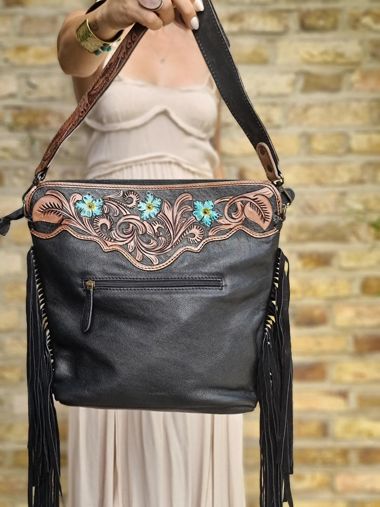 Floral Tooled Leather Cowhide Bag: Western Cowgirl Crossbody Purse