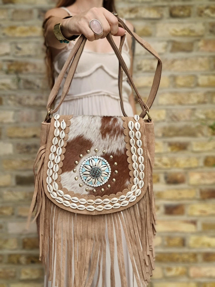 Cowhide Fringe Crossbody Bag: Boho Cowgirl Purse with Seashells
