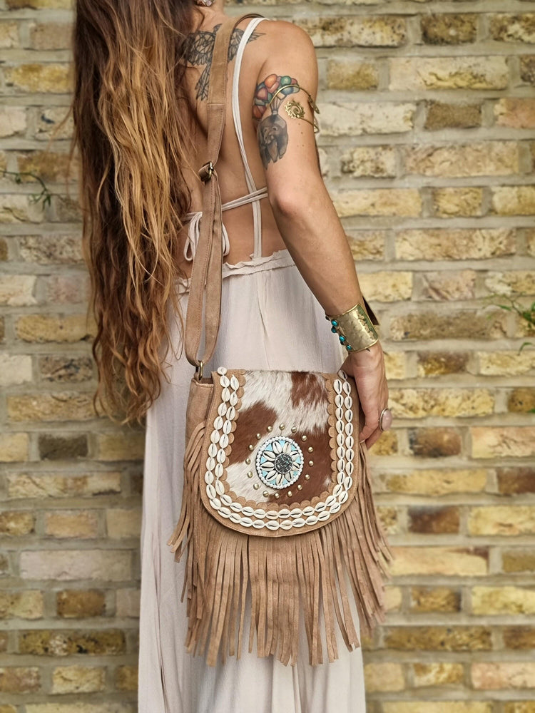 Cowhide Fringe Crossbody Bag: Boho Cowgirl Purse with Seashells