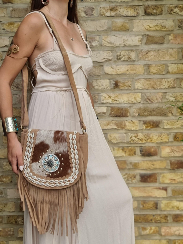 Cowhide Fringe Crossbody Bag: Boho Cowgirl Purse with Seashells