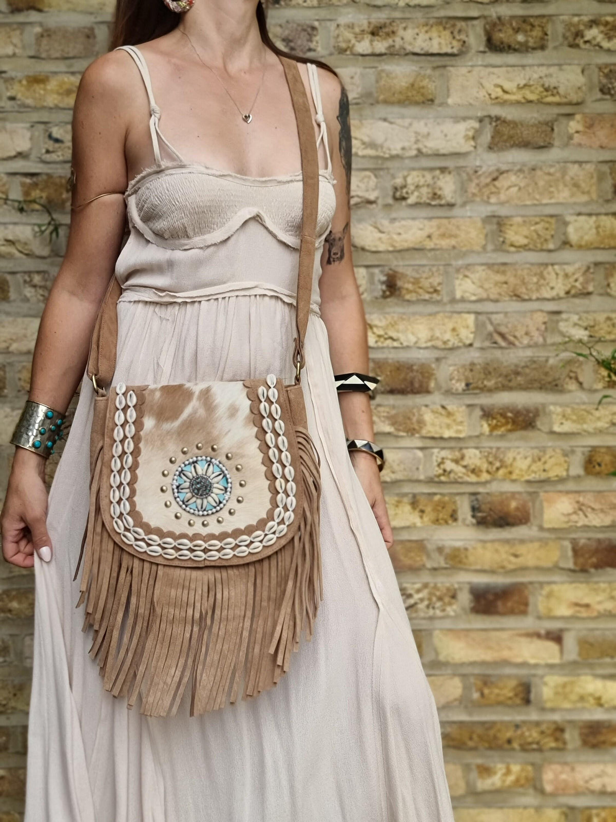 Cowhide Fringe Crossbody Bag: Boho Cowgirl Purse with Seashells