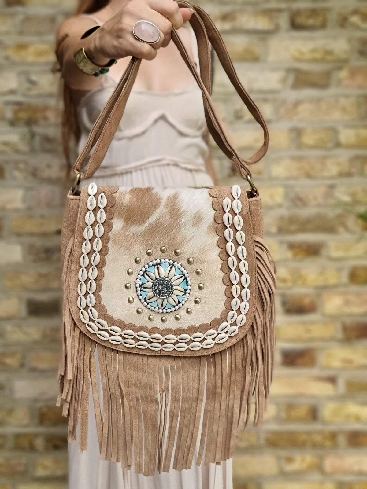 Cowhide Fringe Crossbody Bag: Boho Cowgirl Purse with Seashells