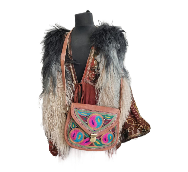 Yin Yang Leather Crossbody Bag – Handmade Embroidered Boho Purse, Hippie Festival Saddle Bag