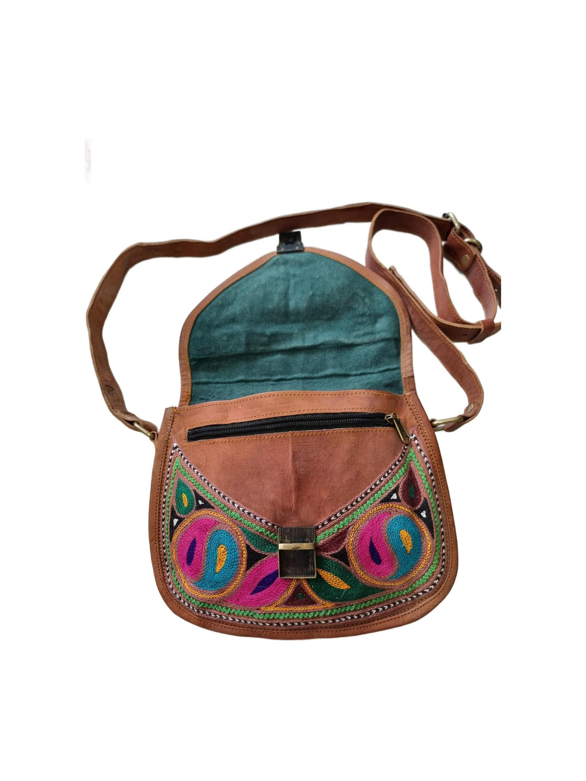 Yin Yang Leather Crossbody Bag – Handmade Embroidered Boho Purse, Hippie Festival Saddle Bag