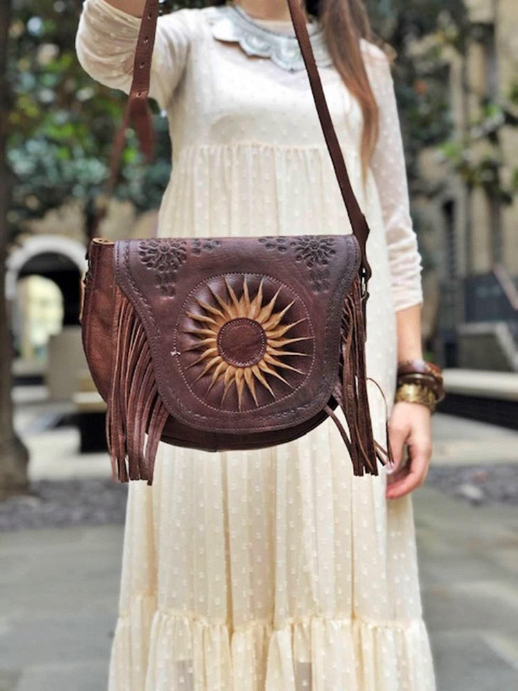 Sunflower Leather Bag, Handmade Boho Crossbody Purse, Embossed Fringe Hippie Handbag, Genuine Brown Leather Festival Shoulder Bag