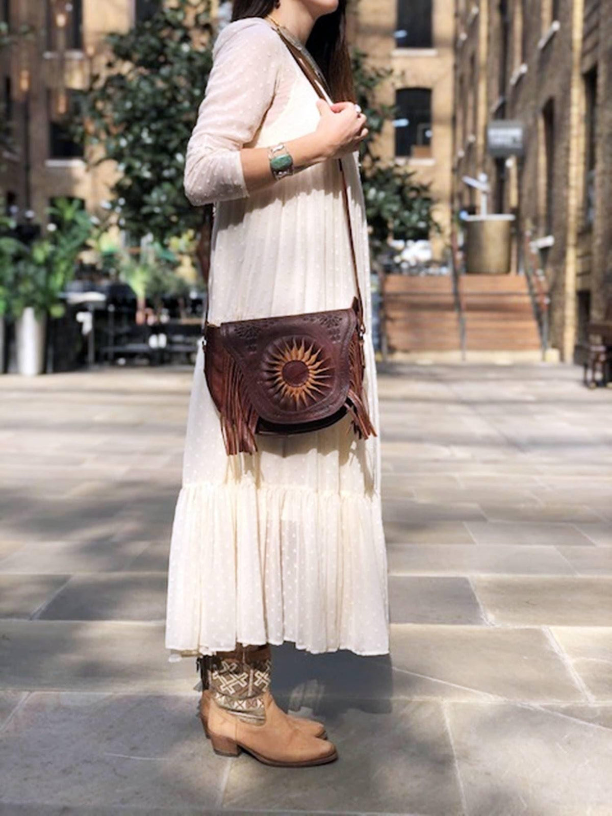 Sunflower Leather Bag, Handmade Boho Crossbody Purse, Embossed Fringe Hippie Handbag, Genuine Brown Leather Festival Shoulder Bag