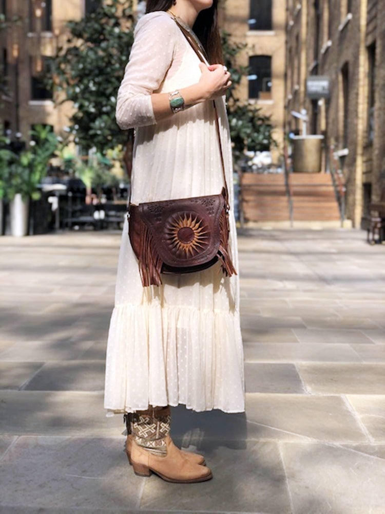 Sunflower Leather Bag, Handmade Boho Crossbody Purse, Embossed Fringe Hippie Handbag, Genuine Brown Leather Festival Shoulder Bag