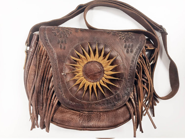 Sunflower Leather Bag, Handmade Boho Crossbody Purse, Embossed Fringe Hippie Handbag, Genuine Brown Leather Festival Shoulder Bag