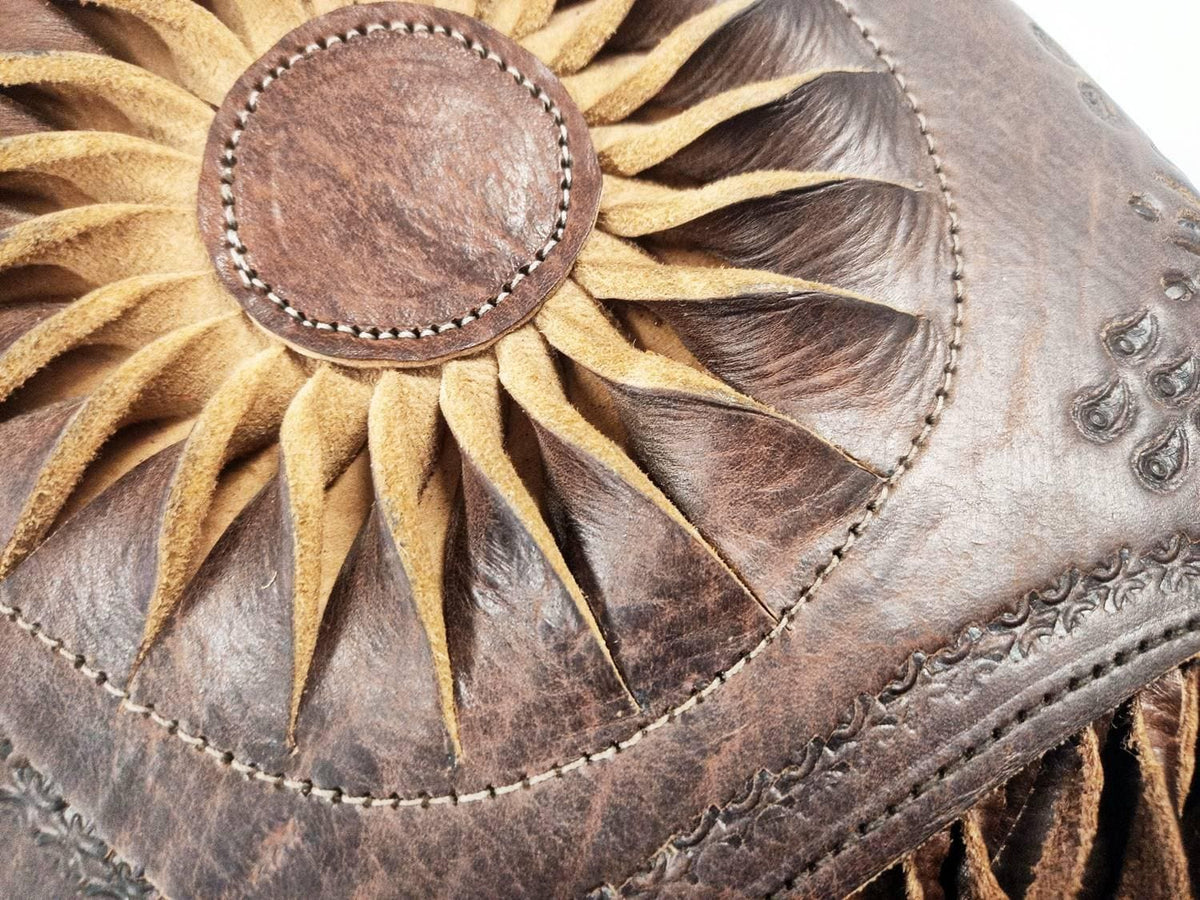 Sunflower Leather Bag, Handmade Boho Crossbody Purse, Embossed Fringe Hippie Handbag, Genuine Brown Leather Festival Shoulder Bag