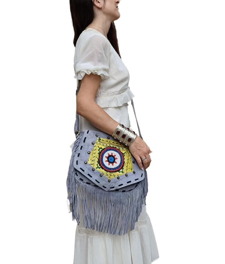 Grey Leather Fringe Bag with Mandala – Beaded Boho Crossbody Purse