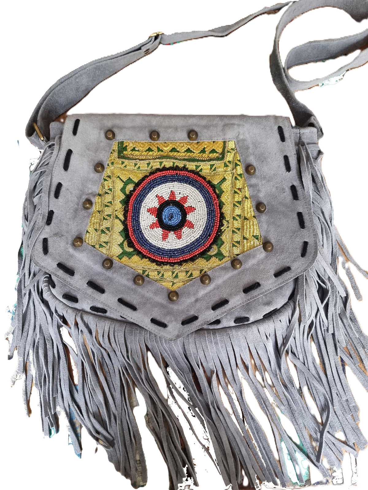 Grey Leather Fringe Bag with Mandala – Beaded Boho Crossbody Purse