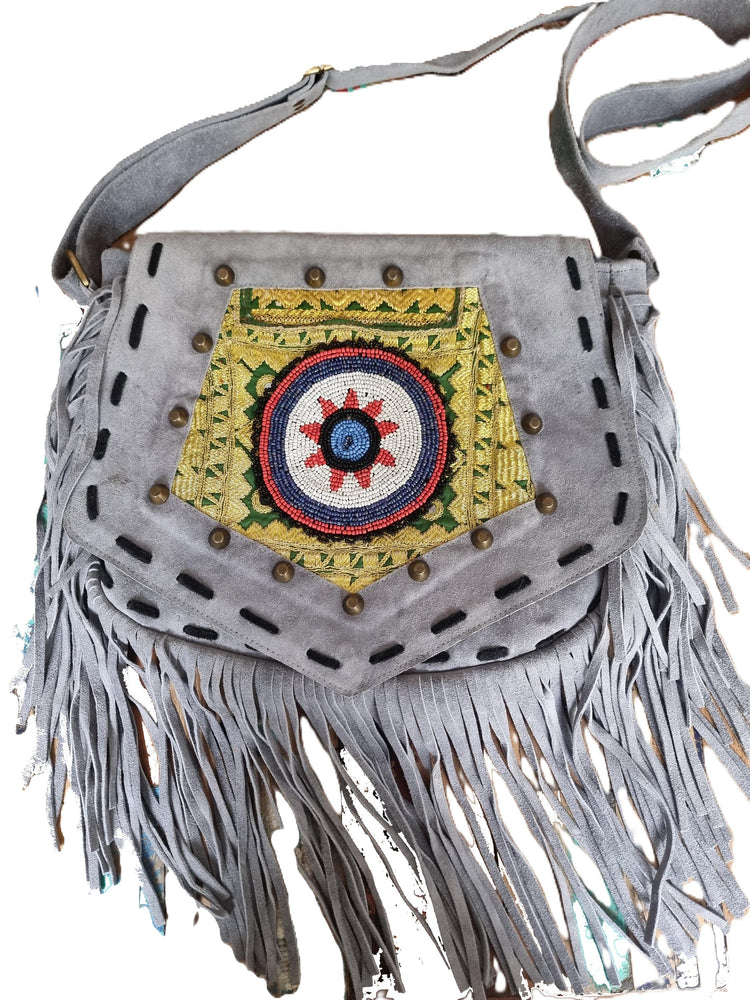 Grey Leather Fringe Bag with Mandala – Beaded Boho Crossbody Purse