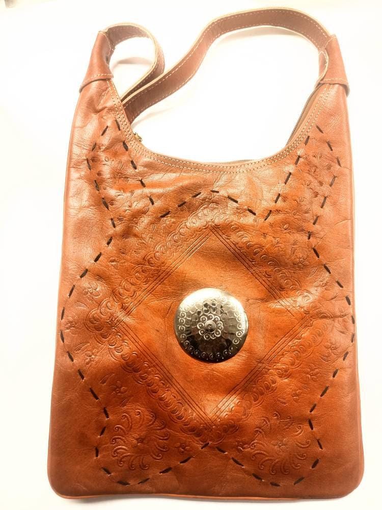 Tooled Leather Crossbody Bag, Boho Shoulder Tote, Vintage Moroccan Style Purse, Tan Leather Handbag, Artisan Crafts