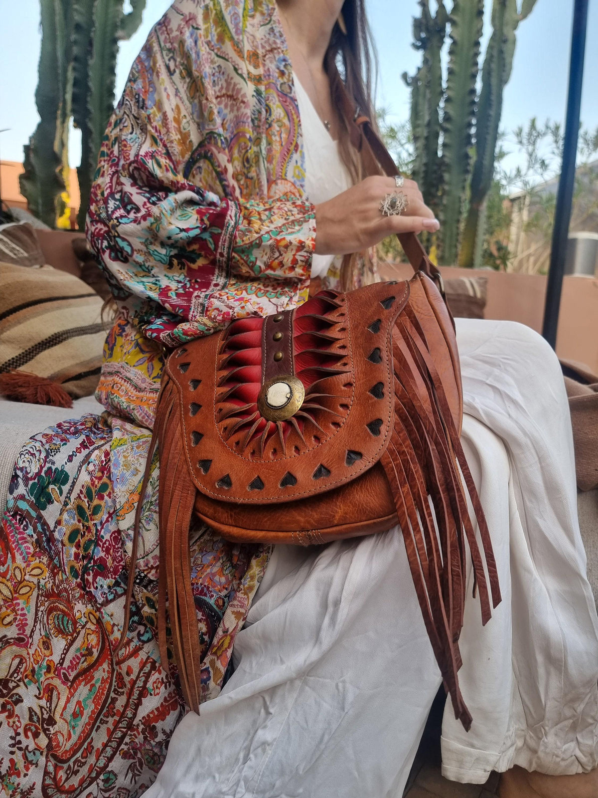 Vintage Tooled Leather Fringe Bag: Moroccan Boho Satchel