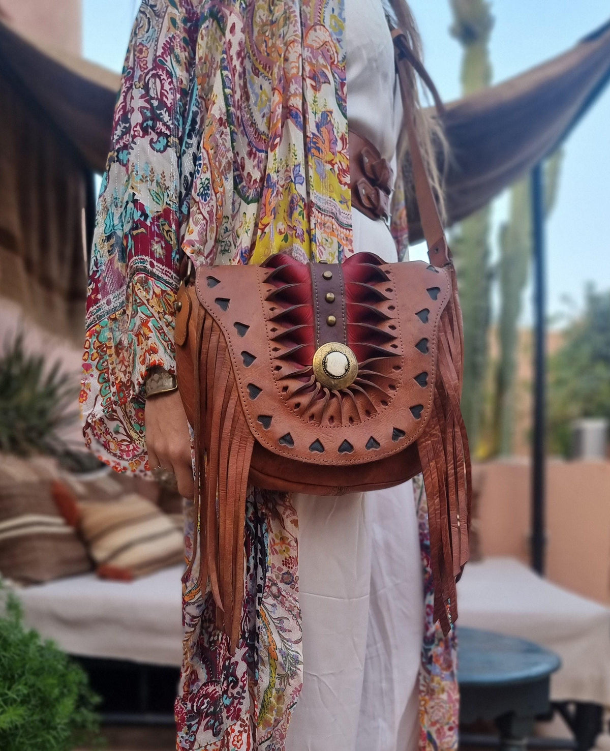 Vintage Tooled Leather Fringe Bag: Moroccan Boho Satchel