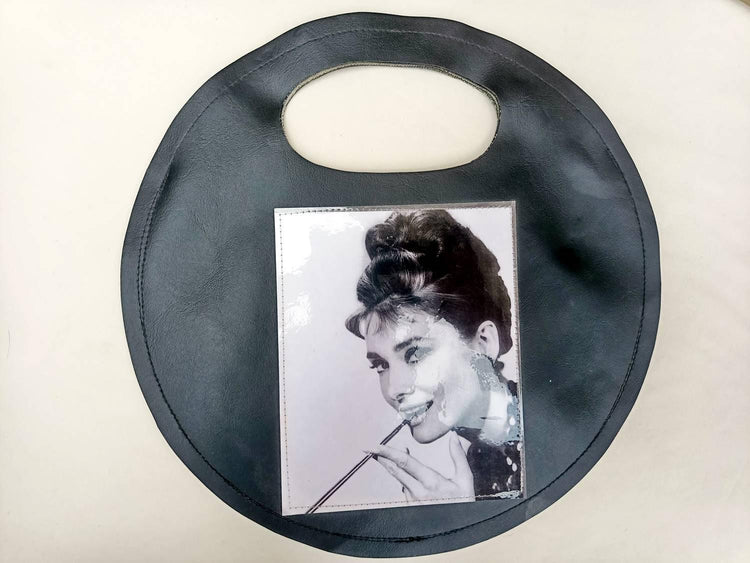 Audrey Hepburn 60s Handbag, Round Vegan Leather Bag, Breakfast at Tiffany’s Purse, Retro Mod Shoulder Bag, Black White Portrait Bag