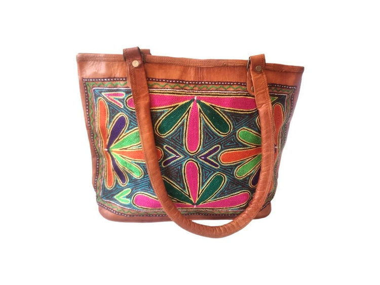 Colourful Embroidered Leather Shoulder Bag – Rainbow Boho Handbag & Artisan Leather Tote