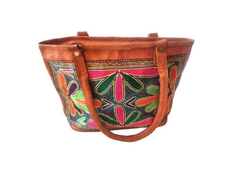 Colourful Embroidered Leather Shoulder Bag – Rainbow Boho Handbag & Artisan Leather Tote