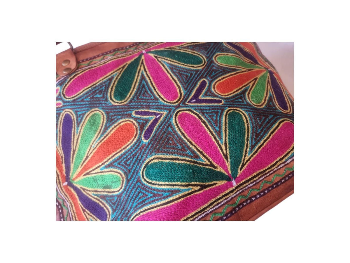 Colourful Embroidered Leather Shoulder Bag – Rainbow Boho Handbag & Artisan Leather Tote