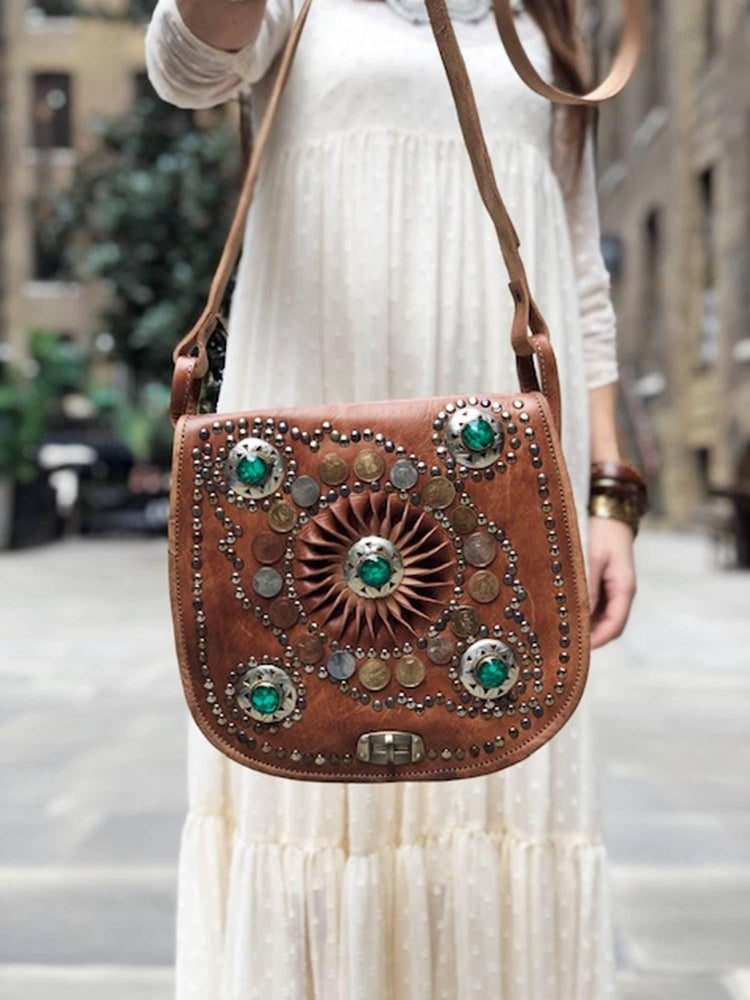 Vintage boho genuine leather saddle bag with green stones gypsy coins studs - artisan moroccan berber purse - hippie festival bag