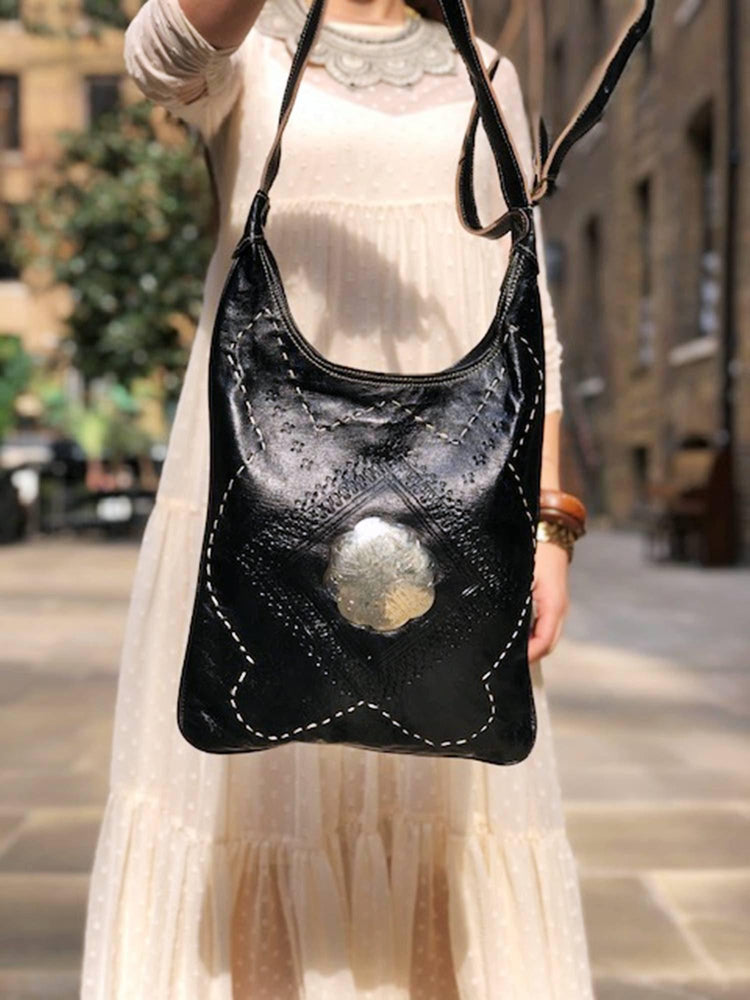 Hand Tooled Leather Crossbody Tote Bag: Vintage Moroccan Berber Design