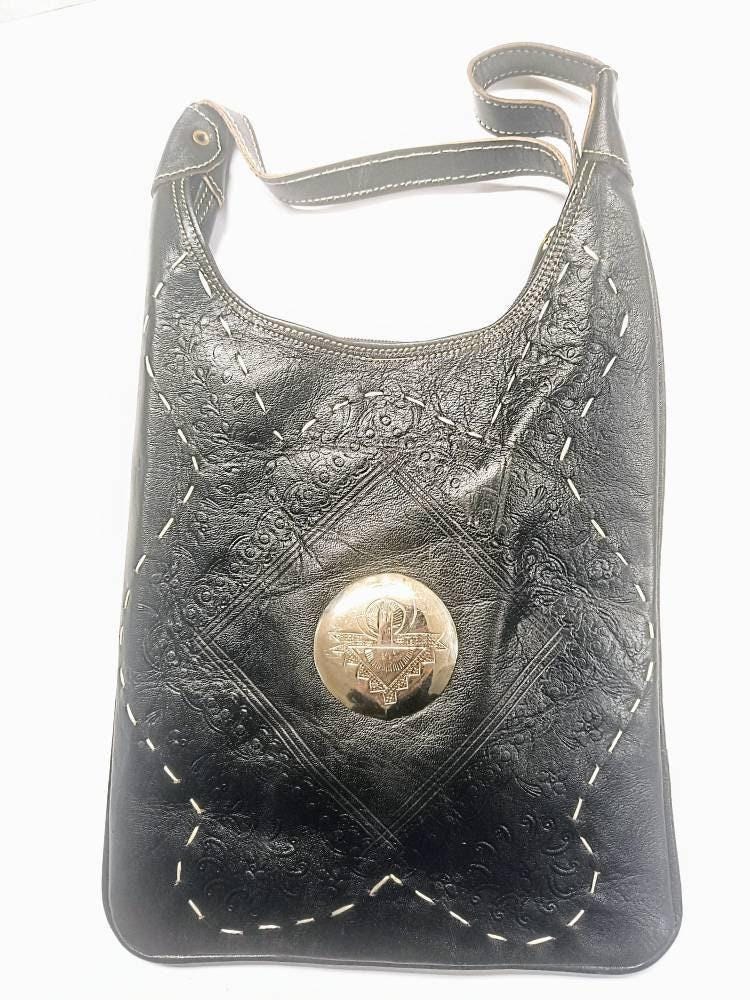 Hand Tooled Leather Crossbody Tote Bag: Vintage Moroccan Berber Design