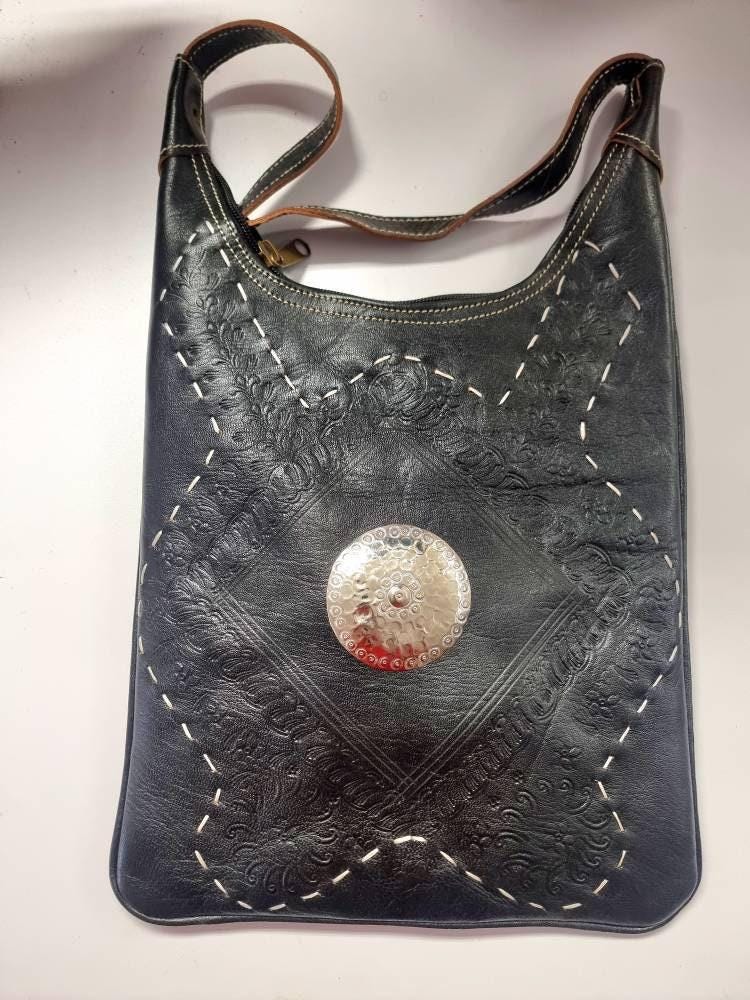Hand Tooled Leather Crossbody Tote Bag: Vintage Moroccan Berber Design