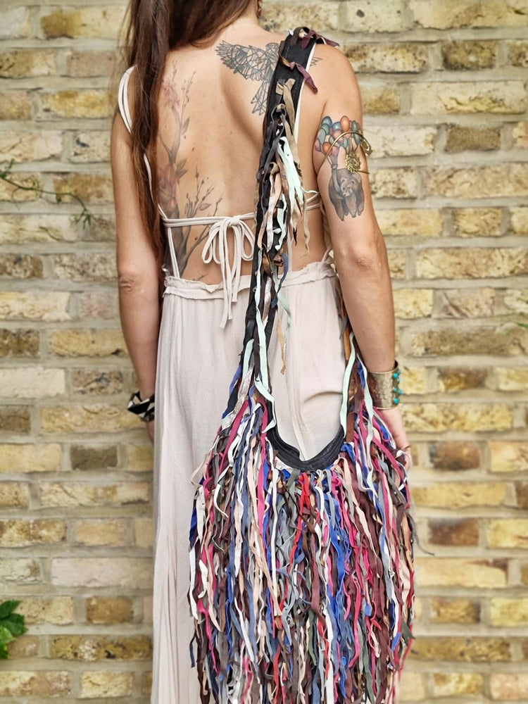 Upcycled Leather Fringe Shoulder Bag: Oversized Boho Western Tote