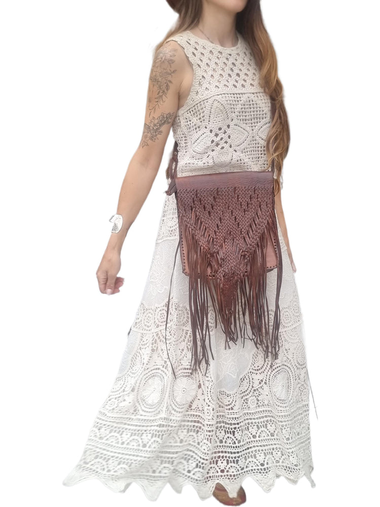 70s Braided Leather Fringe Crossbody Bag: Western Boho Purse
