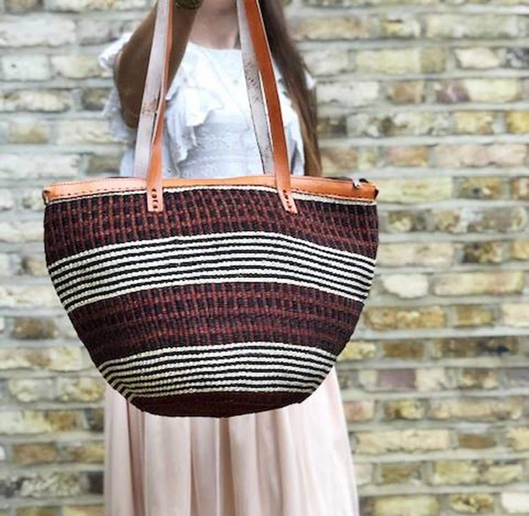 Handmade Leather Sisal Bucket Bag: Large African Boho Shopper
