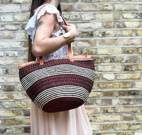 Handmade Leather Sisal Bucket Bag: Large African Boho Shopper