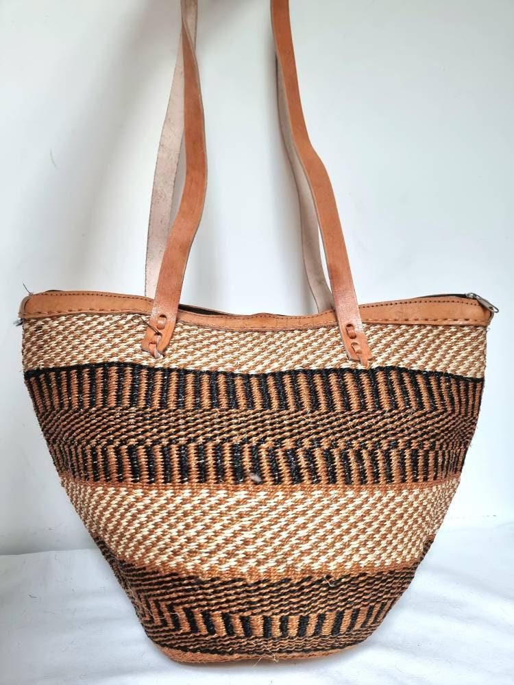 Handmade Leather Sisal Bucket Bag: Large African Boho Shopper