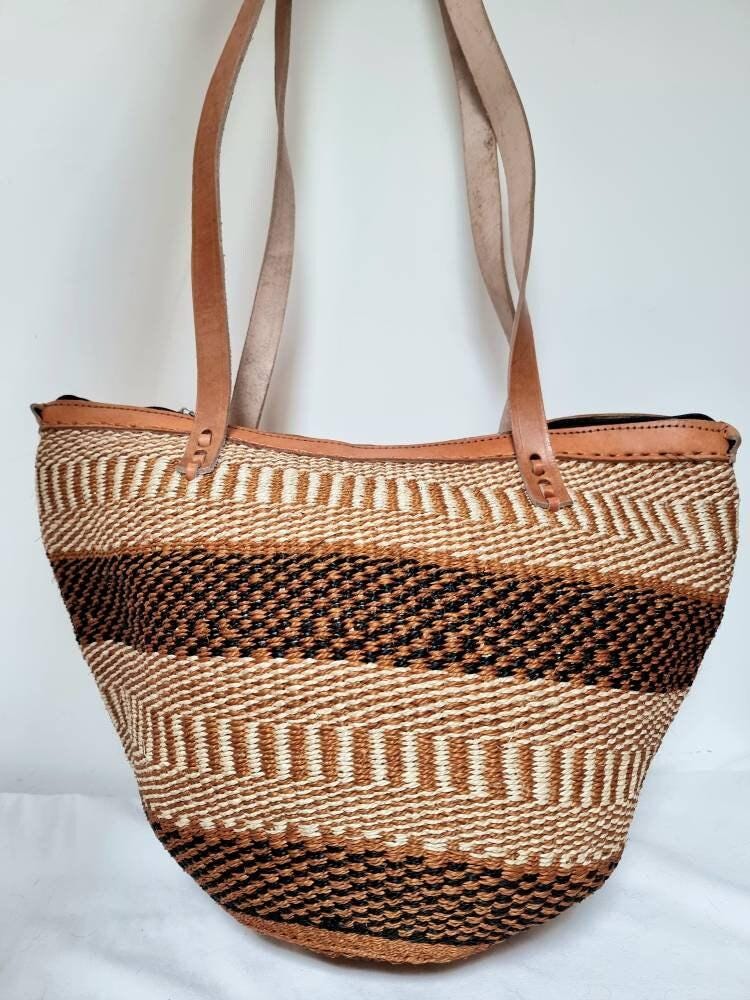 Handmade Leather Sisal Bucket Bag: Large African Boho Shopper