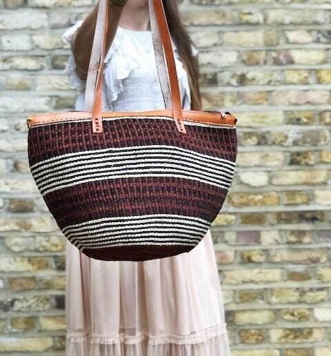 Handmade Leather Sisal Bucket Bag: Large African Boho Shopper