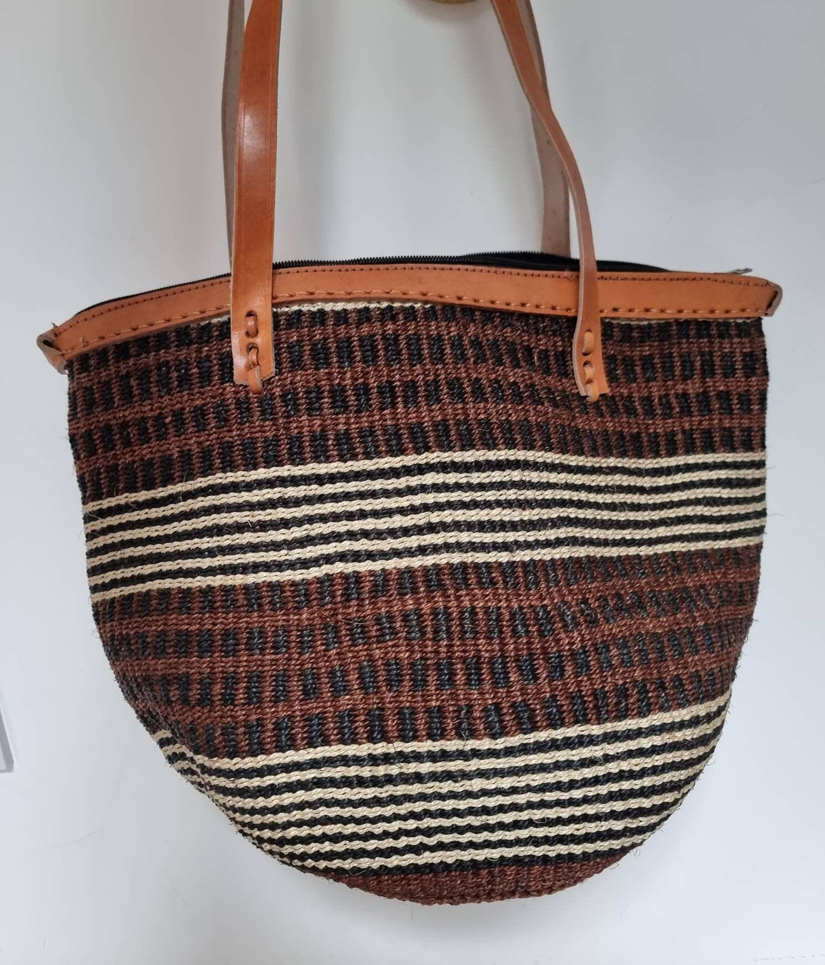 Handmade Leather Sisal Bucket Bag: Large African Boho Shopper