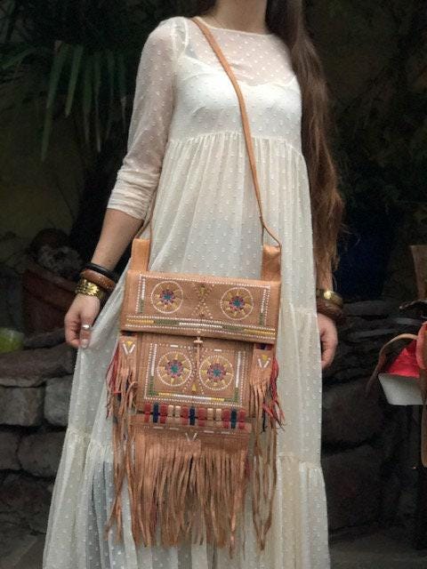 Vintage Fringe Leather Bag, Large Boho Hippie Purse, Navajo Style Embroidered Shoulder Bag, Tribal Festival Crossbody Bag