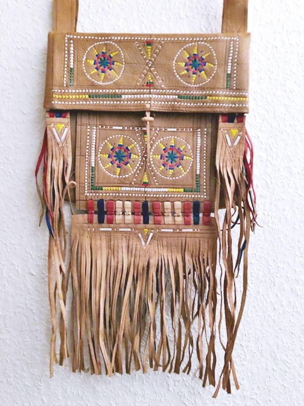 Vintage Fringe Leather Bag, Large Boho Hippie Purse, Navajo Style Embroidered Shoulder Bag, Tribal Festival Crossbody Bag