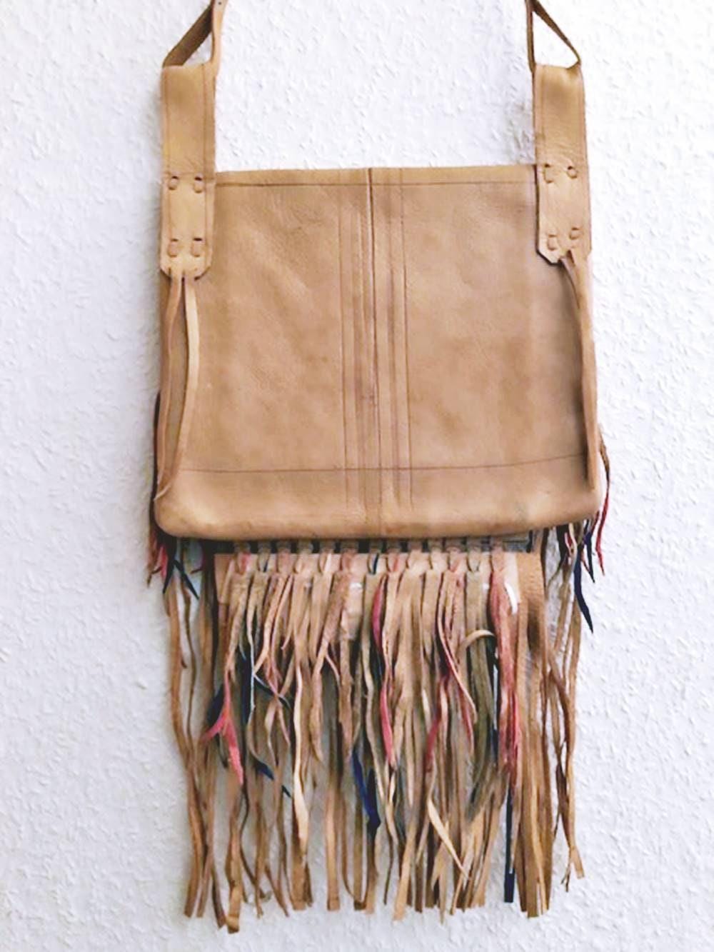 Vintage Fringe Leather Bag, Large Boho Hippie Purse, Navajo Style Embroidered Shoulder Bag, Tribal Festival Crossbody Bag
