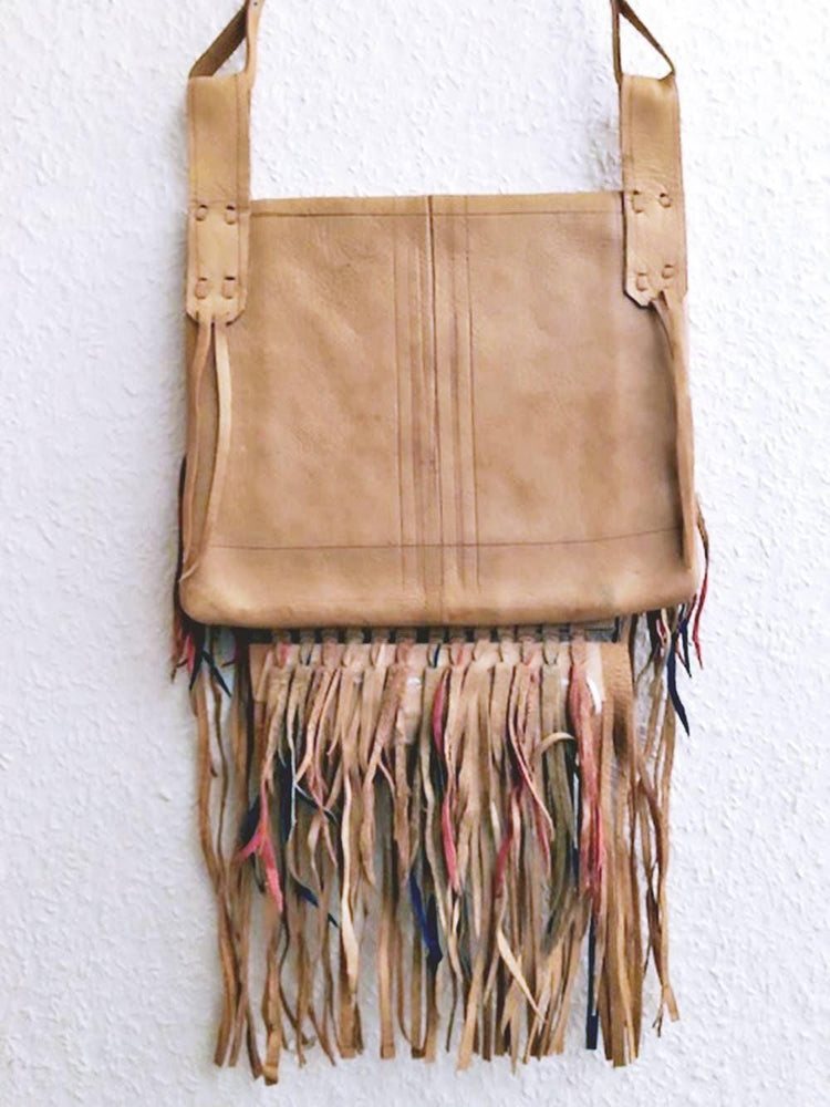 Vintage Fringe Leather Bag, Large Boho Hippie Purse, Navajo Style Embroidered Shoulder Bag, Tribal Festival Crossbody Bag