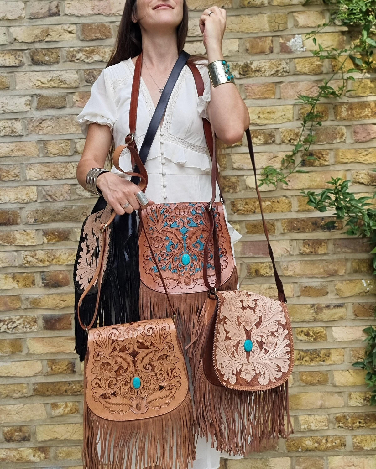 Western Fringe Leather Purse, Turquoise Tooled Crossbody Bag, Floral Boho Handbag, Cowgirl Tassel Bag, Hippie Leather Festival Purse