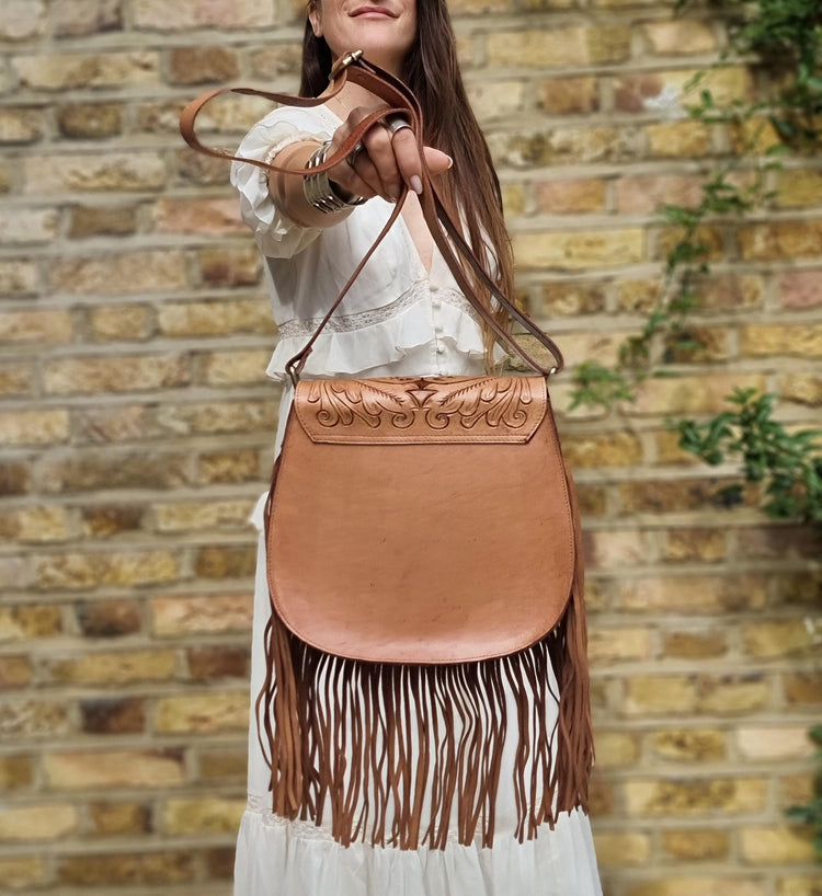 Western Fringe Leather Purse, Turquoise Tooled Crossbody Bag, Floral Boho Handbag, Cowgirl Tassel Bag, Hippie Leather Festival Purse