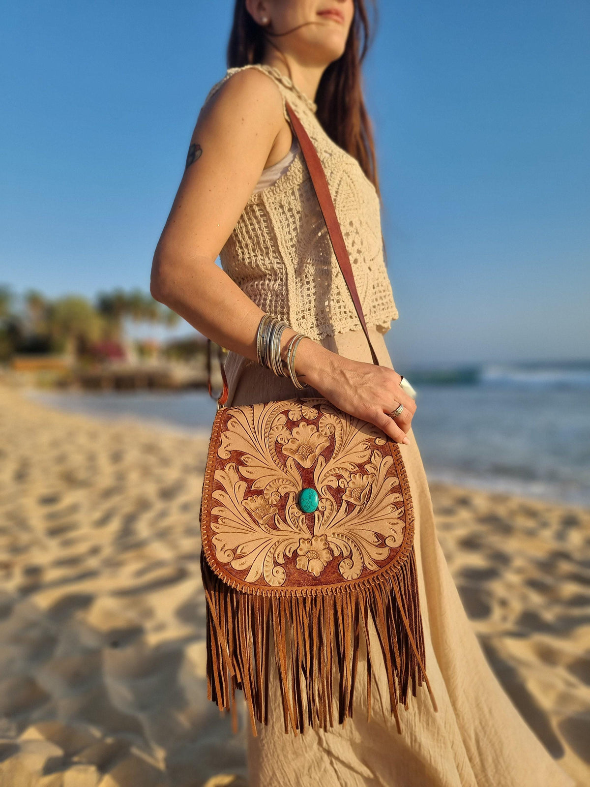 Western Fringe Leather Purse, Turquoise Tooled Crossbody Bag, Floral Boho Handbag, Cowgirl Tassel Bag, Hippie Leather Festival Purse