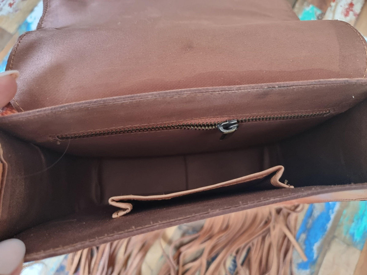 Western Fringe Leather Purse, Turquoise Tooled Crossbody Bag, Floral Boho Handbag, Cowgirl Tassel Bag, Hippie Leather Festival Purse